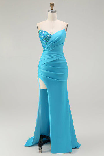 Vestido largo de fiesta plisado de sirena sin tirantes azul brillante con abertura